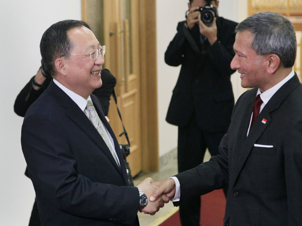 Ri Yong Ho North Korean Foreign Minister Ri Yong Ho (left) shakes hands with Singapore Foreign Minister Vivian Balakrishnan in Pyongyang on June 7.