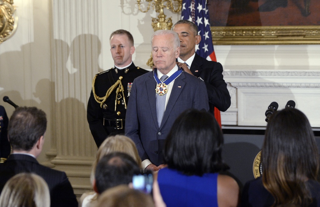 President Obama Gives Tribute To VP Biden In The State Dining Room U.S. President Barack Obama presents the Medal of Freedom to Vice-President Joe Biden during an event in the State Dinning room of the White House, January 12, 2017 in Washington, DC.