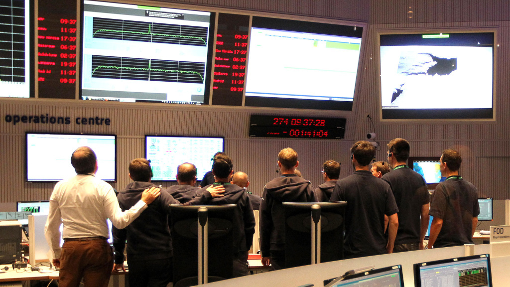 The main control room of the European Space Operation Center in Darmstadt, Germany, is pictured Friday during the controlled descent of the European Space Agency space probe Rosetta onto the surface of Comet 67P/Churyumov-Gerasimenko. The main control room of the European Space Operation Center in Darmstadt, Germany, is pictured Friday during the controlled descent of the European Space Agency space probe Rosetta onto the surface of Comet 67P/Churyumov-Gerasimenko.