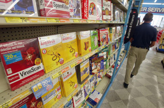 Botnet attacks operate beyond the protection of conventional antivirus software, like these consumer antivirus products at an Office Max store in Miami, Florida on August 22, 2003.