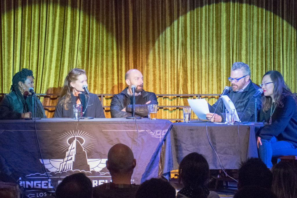 Go Fact Yourself podcast taping Three panelist participate in a live taping of the podcast