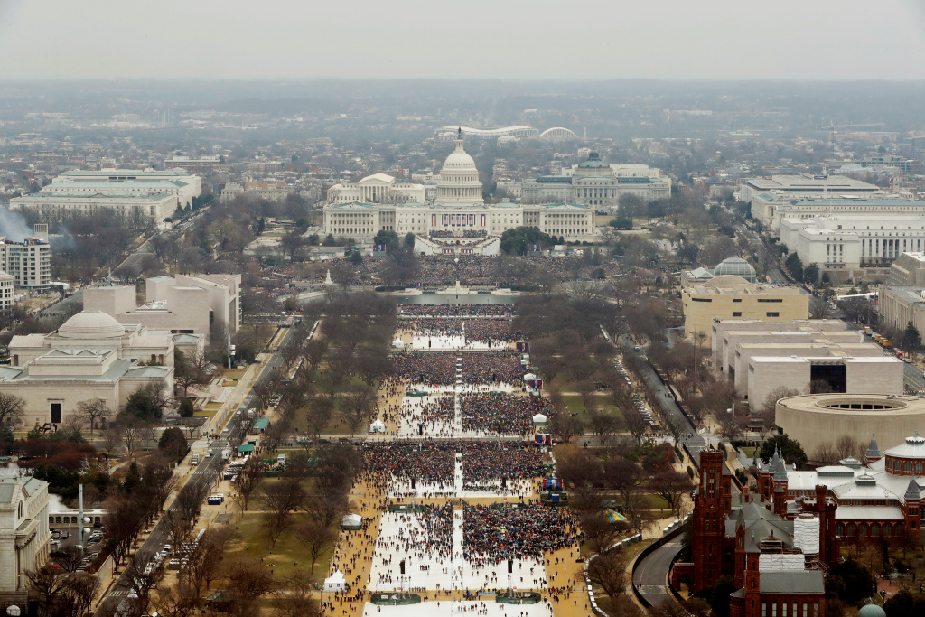 Donald Trump Is Sworn In As 45th President Of The United States Attendees line the Mall as they watch ceremonies to swear in Donald Trump on Inauguration Day on January 20, 2017 in Washington, DC.