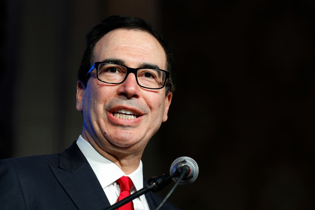 ISRAEL-PALESTINIAN-CONFLICT-US-EMBASSY U.S. Treasury Secretary Steve Mnuchin delivers a speech as he attends a ceremony for the North American Orthodox Jewish community on May 14, 2018 in Jerusalem.