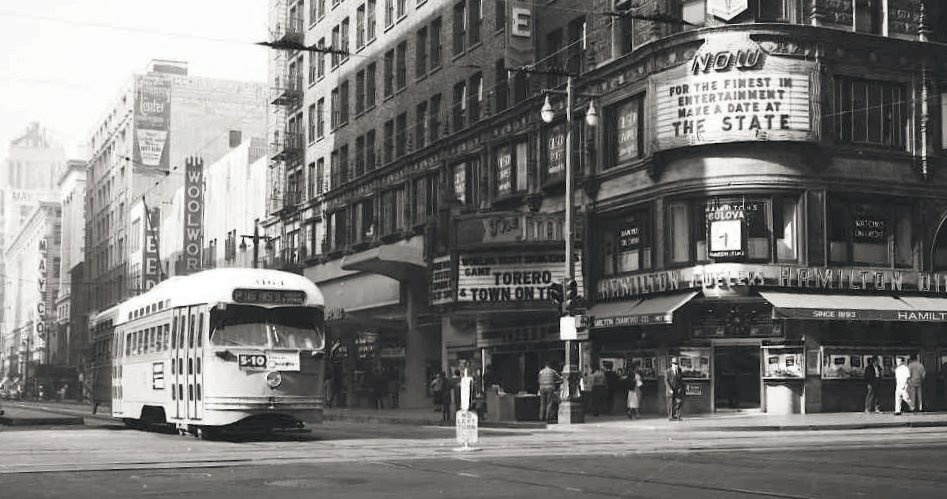 Streetcar at Broadway and 7th Street c. 1957. Streetcar at Broadway and 7th Street c. 1957.