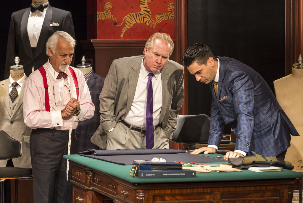 Harry Groener, center, is a Donald Trump-like candidate who wants immigrant tailors played by Brian George, left, and Ramiz Monsef to make him a custom suit in Jon Robin Baitz's “Vicuña” at the Kirk Douglas Theatre. Harry Groener, center, is a Donald Trump-like candidate who wants immigrant tailors played by Brian George, left, and Ramiz Monsef to make him a custom suit in Jon Robin Baitz's “Vicuña” at the Kirk Douglas Theatre.