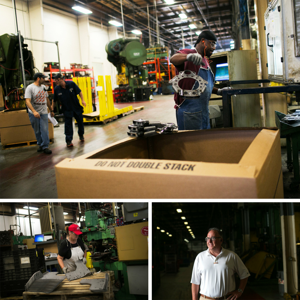 (Top) Workers on the factory floor at Pentaflex, a manufacturer of parts for heavy trucks, in Springfield. (Left) Kelly Curtis assembles parts at Pentaflex. (Right) Ross McGregor, the company's executive vice president, says many of the company's processes have been automated. (Top) Workers on the factory floor at Pentaflex, a manufacturer of parts for heavy trucks, in Springfield. (Left) Kelly Curtis assembles parts at Pentaflex. (Right) Ross McGregor, the company's executive vice president, says many of the company's processes have been automated.