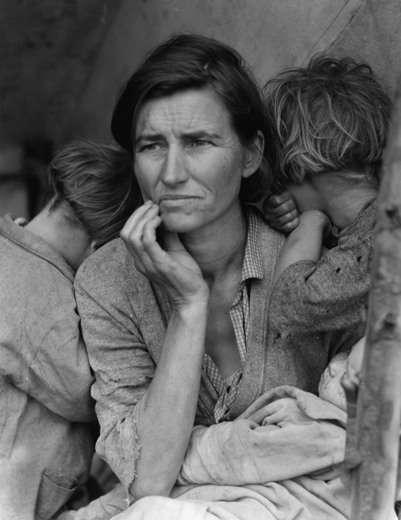 not an ostrich Destitute Pea Pickers in California. Mother of Seven Children, age 32. Migrant Mother, 1936.