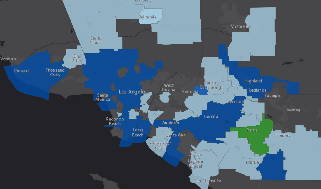 Map of Attendance Works Chronic Absences A new report from Attendance Works and the Everyone Graduates Center identified that half of the chronically-absent students in the U.S. attended classes in just 654 school districts nationwide. 47 of those districts were located in Los Angeles, Orange, Ventura, San Bernardino and western Riverside counties. The color-coding scheme denotes the report's classification of different types of school districts as urban (dark blue), suburban (light blue) and rural (green).