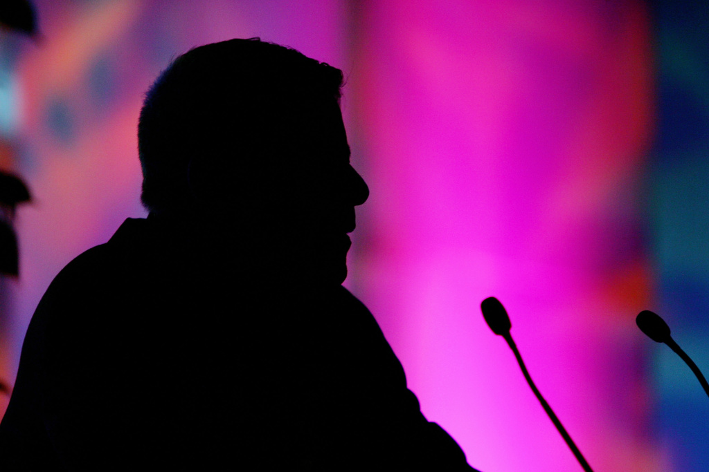 The Video Software Dealers Association 2005 - Day 1 Jerry Lewis watches a video during his keynote address at the Video Software Dealers Association's annual convention in 2005.