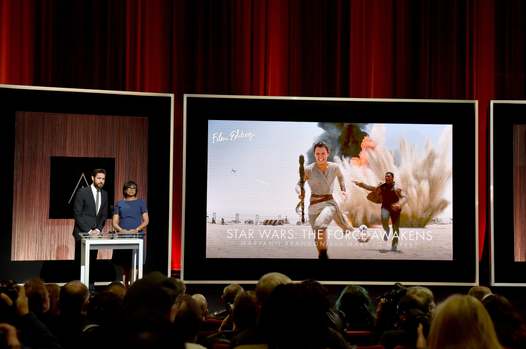 88th Oscars Nominations Announcement Actor John Krasinski and President of the Academy of Motion Picture Arts and Sciences Cheryl Boone Isaacs announce 'Star Wars: The Force Awakens' as a nominee for Best Film Editing during the 88th Oscars Nominations Announcement at the Academy of Motion Picture Arts and Sciences on January 14, 2016 in Los Angeles, California.