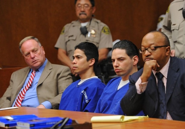 DO NOT USE! Eric Delacruz, left and Fernando Romero are sentenced in Torrance Superior Court for the murder of Sonia Risken (aka Black Widow) of Lomita. Defense attorneys Donald Levinson, far left, and Ludlow Creary III, far right.