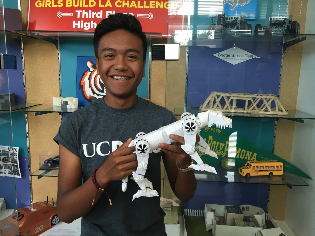 Jose Rodriguez STEAM Legacy José Rodríguez, 17, a senior at STEAM Legacy High School in South Gate, poses with a 3D-printed model of the school's mascot, the