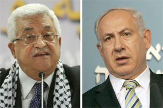 Palestinian leader Mahmoud Abbas (left) delivering a speech in the West Bank city of Bethlehem in August 2009; Israeli Prime Minister Benjamin Netanyahu speaking in Jerusalem in June 2010.