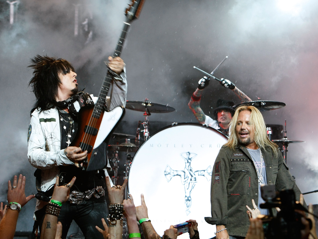 (L-R) Nikki Sixx, Tommy Lee and singer Vince Neil of Motley Crue perform during a press conference announcing Crue Fest 2008 at Avalon Hollywood on April 15, 2008 in Los Angeles.