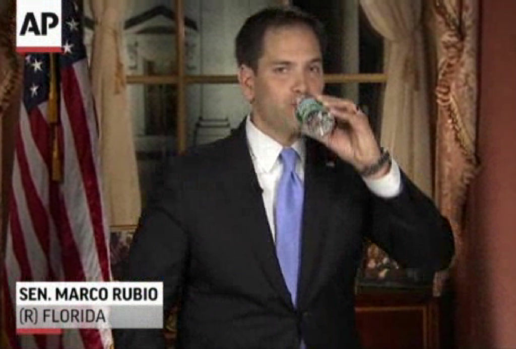 Rubio Water Break In this frame grab from video, Florida Sen. Marco Rubio takes a sip of water during his Republican response to President Barack Obama's State of the Union address, Tuesday, Feb. 12, 2013, in Washington.