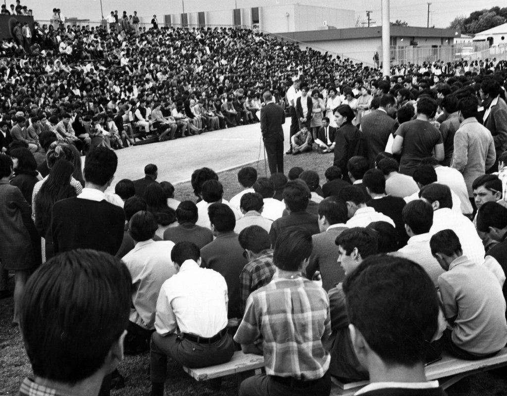 East LA Walkouts Garfield Garfield High School students gather for a special assembly on March 7, 1968, as principal Reginald Murphy (center) appeals to students to return to class.