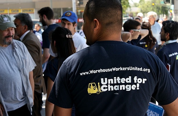 Inland Empire warehouse workers and supporters stage rally in downtown San Bernardino to protest their working conditions.
