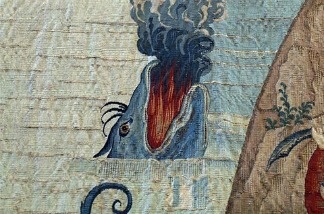 Mercer 19926 Detail from a medieval Spanish tapestry full of strange, apocalyptic images. Pictured: Frankenfish.