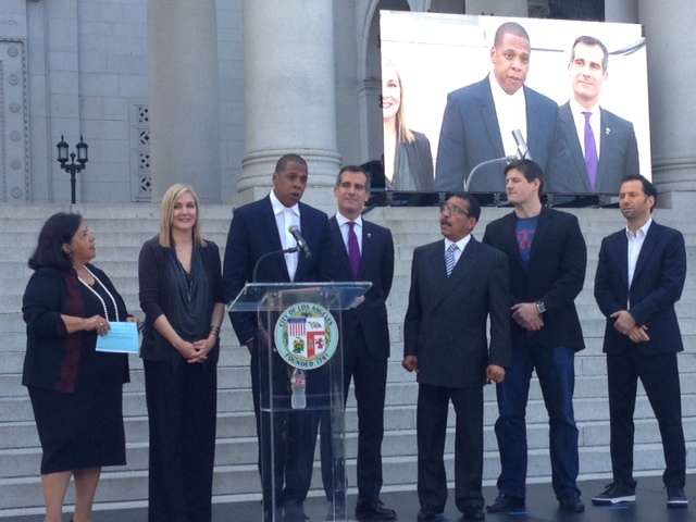Rapper/entrepreneur Jay Z stood with L.A. Mayor Eric Garcetti on the Spring Street steps outside Hall, the proposed site for the main stage at the Made in America festival. Rapper/entrepreneur Jay Z stood with L.A. Mayor Eric Garcetti on the Spring Street steps outside Hall, the proposed site for the main stage at the Made in America festival.