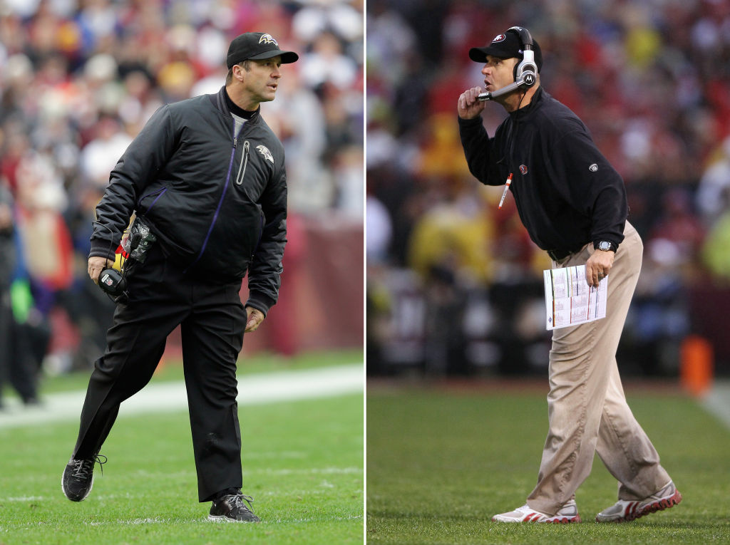 FILE: Brothers Jim & John Harbaugh To Face Each Other As Coaches In Super Bowl XLVII In this composite image a comparison has been made between Head coach John Harbaugh of the Baltimore Ravens (L) and his brother Head coach Jim Harbaugh of the San Francisco 49ers. Jim and John Harbaugh will become the first brothers to face each other as coaches in the Super Bowl.
