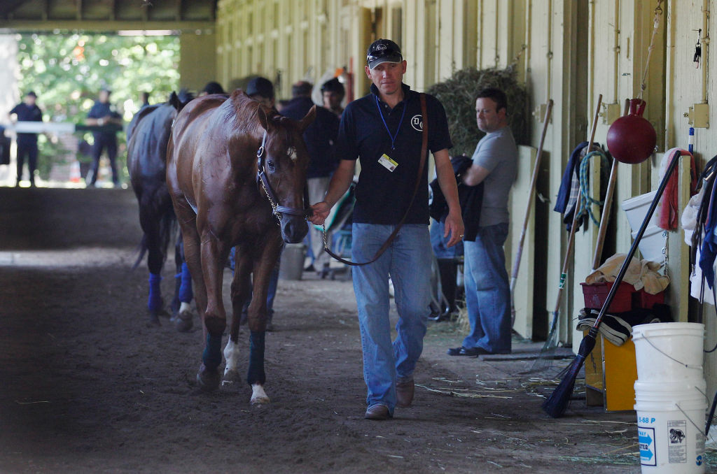 144th Belmont Stakes - Preview Hot walker Benjamin Perez walks Triple Crown hopefull I'll Have Another in the detention barn following a morning workout in preparation for the 144th Belmont Stakes at Belmont Park on June 7, 2012 in Elmont, New York.