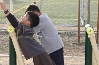 Two boys struggle to use the elliptical machine at the fitness zone at the Gilbert Lindsay Recreation Center in South Los Angeles.
