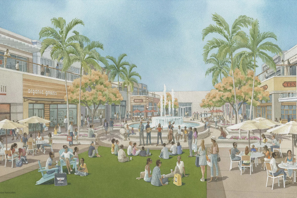 Baldwin Hills Crenshaw Plaza2 A rendering of the planned upscale redevelopment of the Baldwin Hills Crenshaw Plaza mall, which is located at what will be the Martin Luther King station on the Crenshaw Line. Some residents are worried the upscale development and the luxury housing that will be built with it will push out longtime residents.
