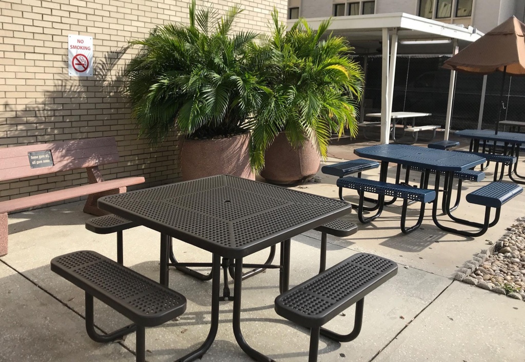 Formerly a designated smoking area, this patio outside the VA hospital in Tampa now is posted with Formerly a designated smoking area, this patio outside the VA hospital in Tampa now is posted with
