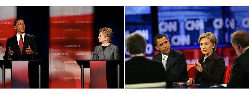 primaries1_custom-3120251048045013c1481968843511528a566382-s800-c85.jpg L: Obama answers a question as Clinton watches during the first debate of the 2008 presidential campaign on April 26, 2007 in Orangeburg, S.C. R: Obama and Clinton participate in a debate in Los Angeles on January, 31, 2008.