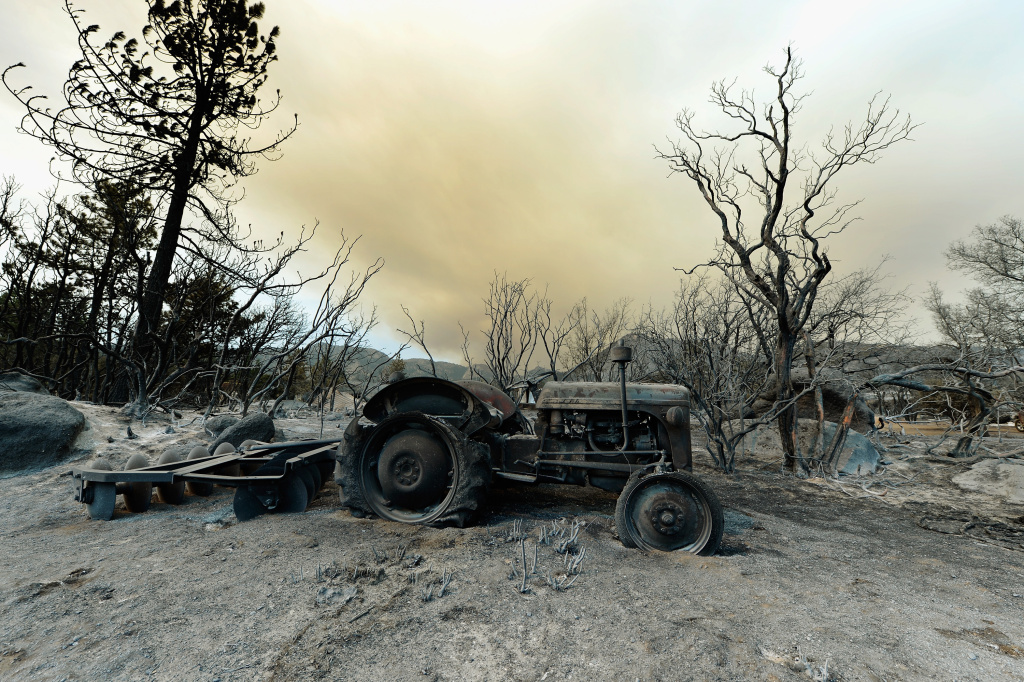Mountain Fire In Southern California Grows In Strength A farming tractor is left in the wake of the Mountian Fire after it scorched the area on July 18, 2013 near Idyllwild, California. The massive wildfire in Riverside county has grown to 23,000 acres and is advancing towards the mountain town of Idyllwild on one front and city of Palm Springs on the other front destroying several homs and forcing the evacuation of 6,000 people.