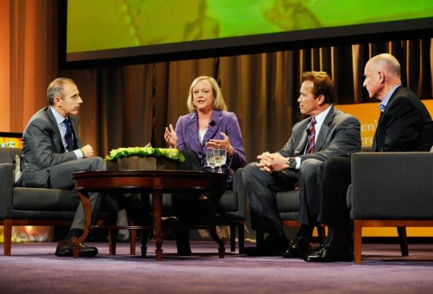 Republican gubernatorial candidate and former eBay CEO Meg Whitman (2nd-L) speaks as California Gov. Arnold Schwarzenegger (2nd-R) and California attorney general and Democratic candidate for governor Jerry Brown (R) look on during a discussion moderated by 'Today' show host Matt Lauer (L) during the Women's Conference 2010 on October 26, 2010 at the Long Beach Convention Center in Long Beach,