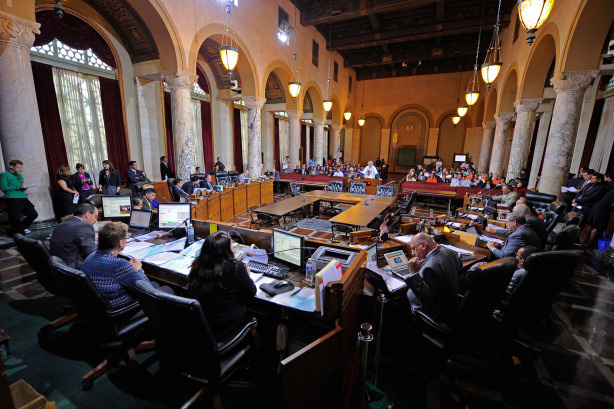 Los Angeles City Council members listen to speakers before approving an economic boycott of Arizona on May 12, 2010 in Los Angeles, California. LA hopes of pressuring the state of Arizona into repealing a tough immigration law by boycotting it's goods.