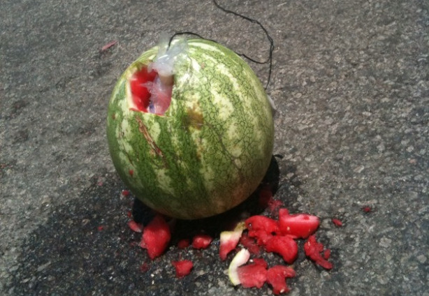 Watermelon that is wired for detonation at the illegal fireworks demonstration, July 1, 2010.