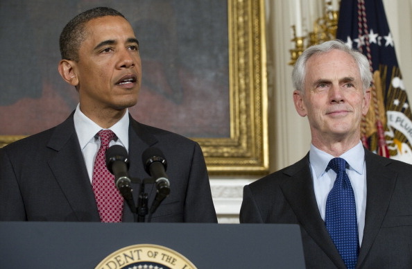 President Barack Obama names John Bryson (R) as his nominee for Secretary of Commerce during the announcement in the State Dining Room of the White House in D.C. May 31, 2011.