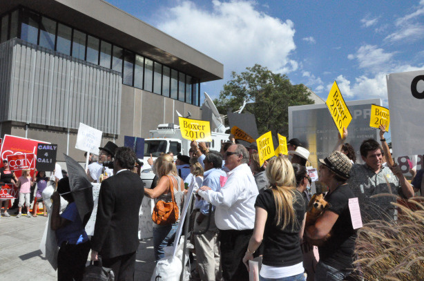 Supporters of Republican candidate for U.S. Senate Carly Fiorina and incumbent Sen. Barbara Boxer square off outside the Mohn Broadcast Center in Pasadena, on Sept. 29, 2010.