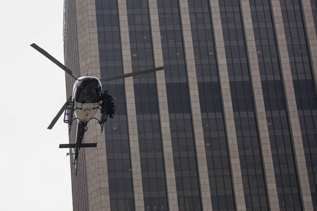Counter-Terror Demonstration An LAPD helicopter flys low over Figueroa Street during a counter-terrorism demonstration in Downtown.