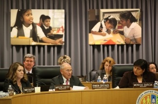 Superintendent of Schools Ramon Cortines (center) and other members of the Los Angeles Unified School District Board of Education meet on April 19, 2009 to discuss a proposal to eliminate thousands of jobs in hopes of closing a $718 million budget gap.