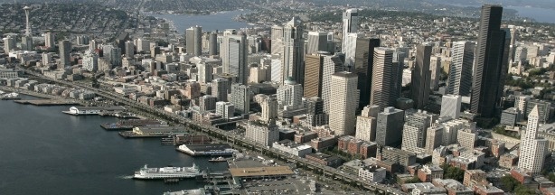 The Alaskan Way Viaduct, the raised two-level highway that runs along Seattle's downtown waterfront, is seen from the air in 2006. Seattle is now replacing it to improve mobility for people and goods.