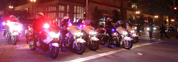 File photo: Police patrol outside Staples Center after Los Angeles Lakers defeated the Boston Celtics 83-79 to win the 2010 Wins NBA Championship on June 17, 2010 in Los Angeles, California.