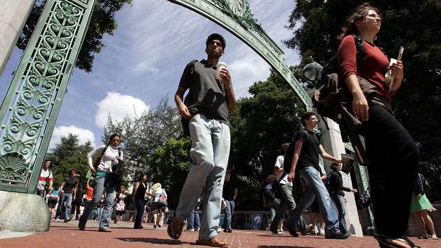Sather Gate UC Berkeley Students walk through Sather Gate on the UC Berkeley campus.