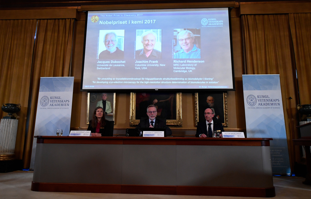 SWEDEN-NOBEL-CHEMISTRY The 2017 Nobel Prize in Chemistry goes to Jacques Dubochet from Switzerland, Joachim Frank from the U.S. and Richard Henderson from Britain, during an announcement at the Royal Swedish Academy of Sciences in Stockholm, Sweden, Wednesday.