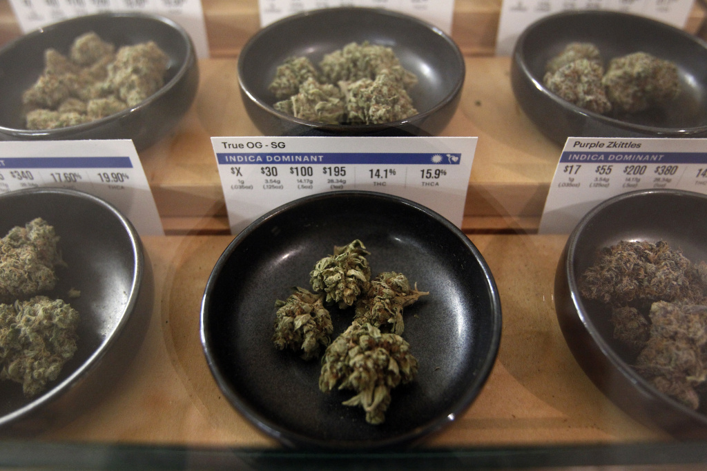 California Marijuana-Open for Business Different types of marijuana sit on display at Harborside marijuana dispensary, Monday, Jan. 1, 2018, in Oakland, Calif.