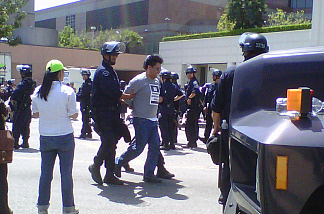 A protester is arrested at an immigration rights demonstration in downtown Los Angeles, May 6, 2010.