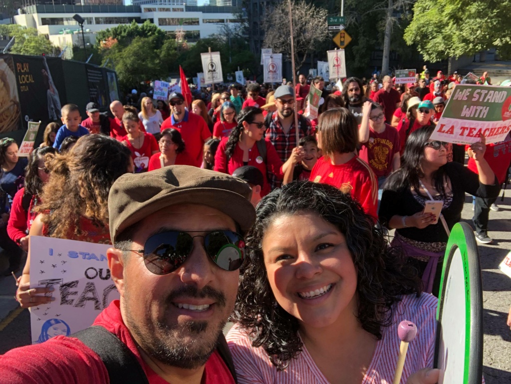 LAUSD strike march LAUSD parents Virginia Escamilla and Hugo Albuja march to support teachers leading up to their strike. Photo courtesy of Hugo Albuja.