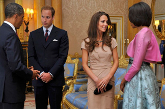 President Barack Obama and first lady Michelle Obama talked with Prince William, duke of Cambridge and Catherine, duchess of Cambridge at Buckingham Palace earlier today (May 24, 2011).