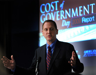Chuck DeVore, a California state assemblyman makes remarks during a press conference sponsored by Americans for Tax Reform marking its annual Cost of Government Day, 'the date of the calendar year when the average American finishes paying off his or her share of federal, state and local taxes, and regulatory burden on August 12, 2009 at the National Press Club in Washington, DC.