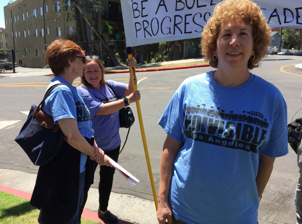 Linda Bessin, a member of anti-Trump group Indivisible, wanted to hear about ways that politicians such as Feinstein were going to stand up to the president. Linda Bessin, a member of anti-Trump group Indivisible, wanted to hear about ways that politicians such as Feinstein were going to stand up to the president.