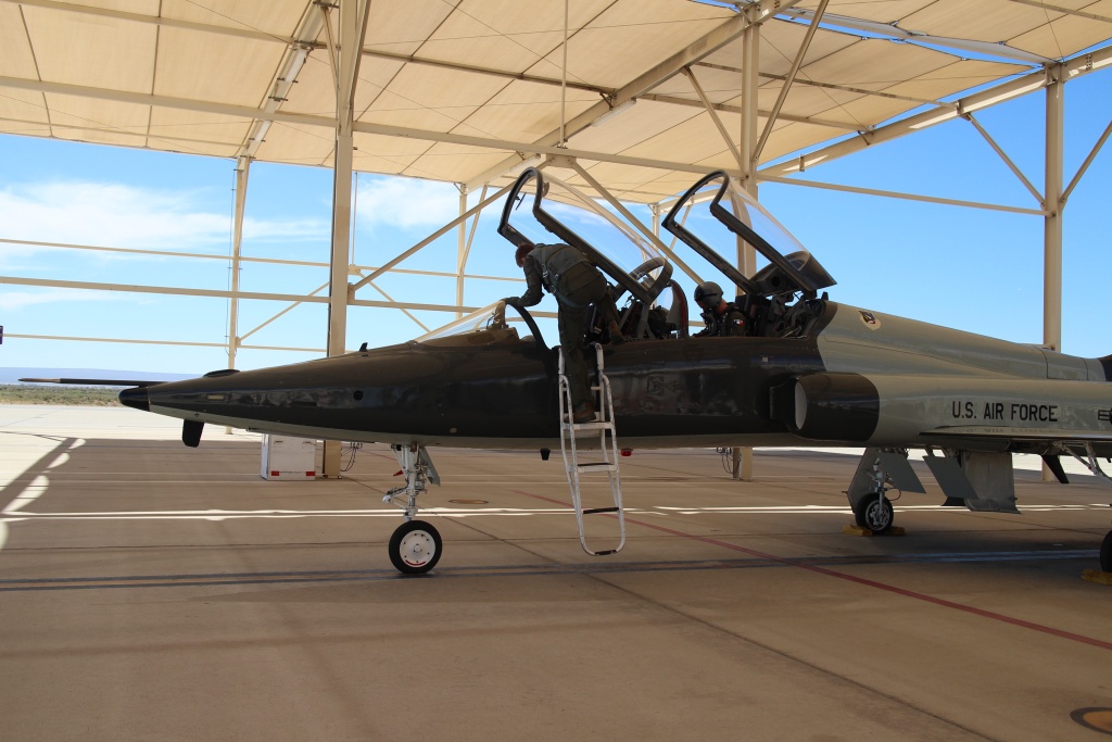 Justin Lechner gets into a T-38 supersonic jet for a practice run. Justin Lechner gets into a T-38 supersonic jet for a practice run.