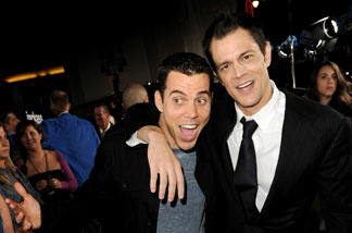 Actors Steve O (L) and Johnny Knoxville arrive at the premiere of Paramount Pictures and MTV Films' 'Jackass 3D' at the Chinese Theater on October 13, 2010 in Los Angeles, California.