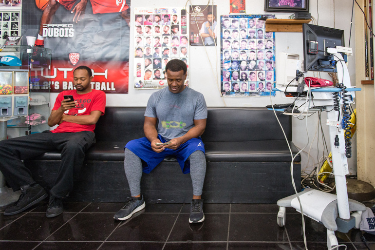 A blood pressure monitor sits in the corner of A New You. Thomas says clients use it regularly to check their blood pressure. A blood pressure monitor sits in the corner of A New You. Thomas says clients use it regularly to check their blood pressure.